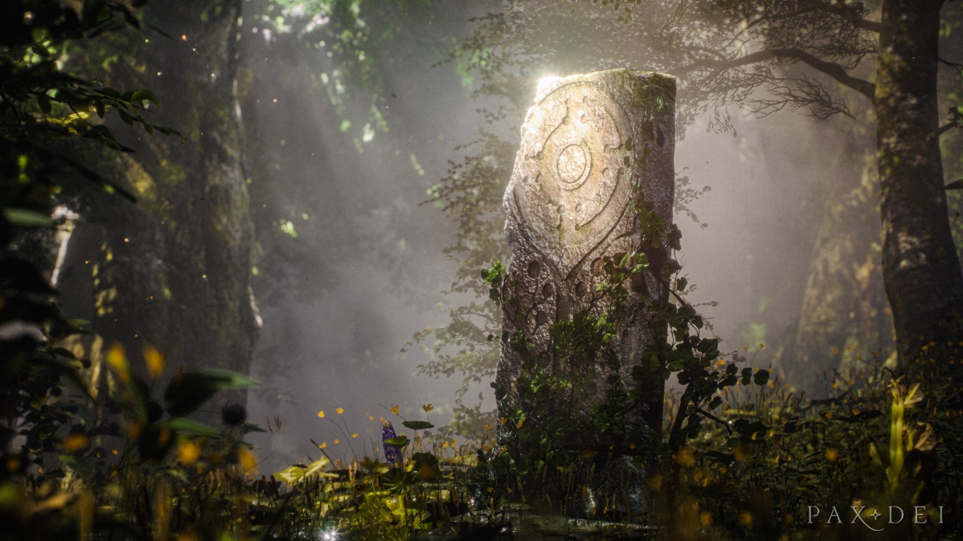 A mystical forest scene from the video game Pax Dei, this HD desktop wallpaper features an ancient stone pillar adorned with intricate carvings, surrounded by lush foliage and bathed in ethereal light.