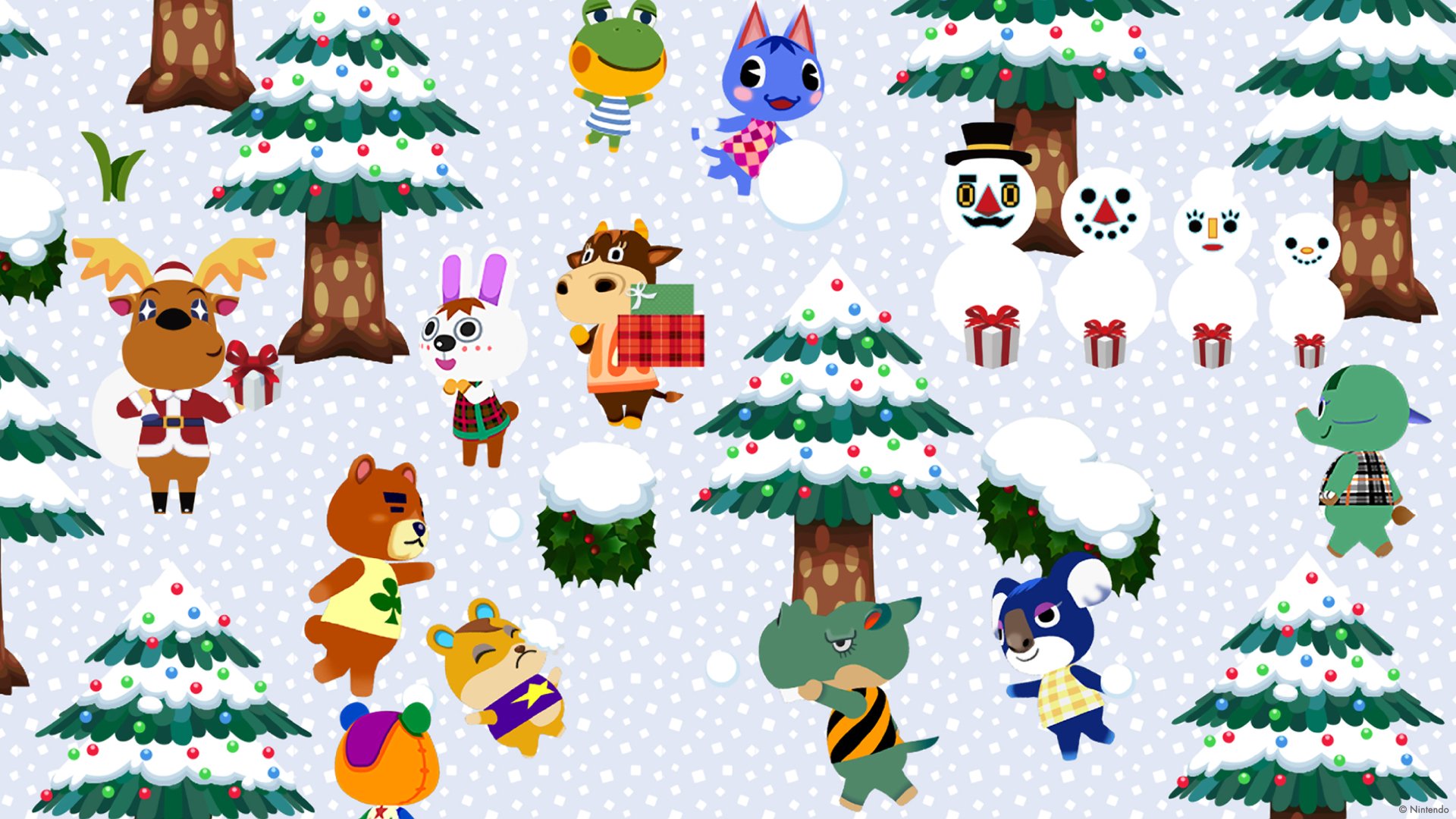 A 4K Ultra HD Animal Crossing PC wallpaper featuring festive villagers enjoying a snowy winter scene with decorated trees and holiday gifts.