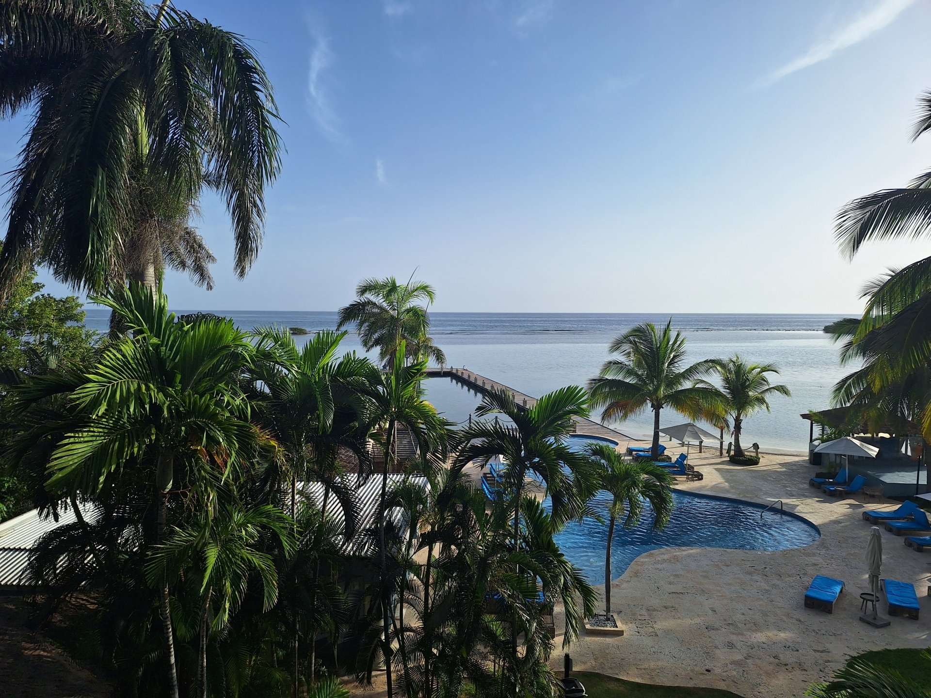A serene tropical resort with palm trees, a pool, and ocean view under a clear blue sky, captured in vibrant detail as a 4K Ultra HD PC desktop wallpaper.