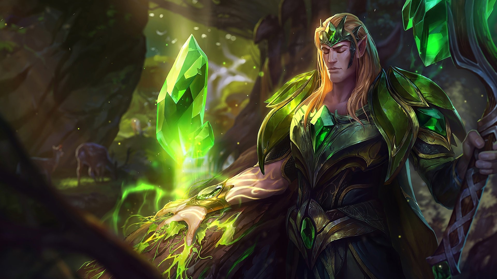 HD desktop wallpaper featuring Taric from League of Legends, surrounded by a magical, glowing green environment.