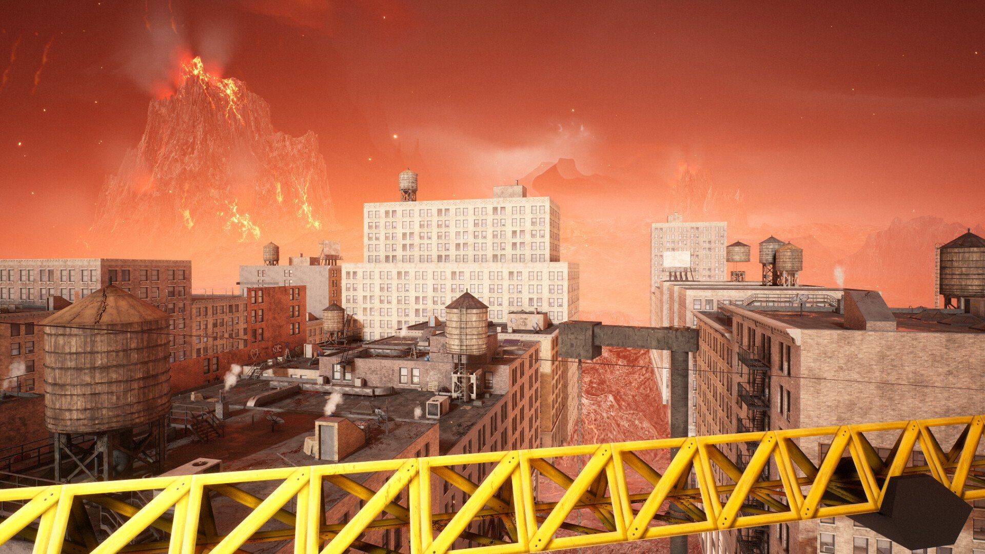 HD desktop wallpaper and background from the video game “Chained Together,” featuring a cityscape with industrial buildings under a fiery red sky, and a distant erupting volcano.