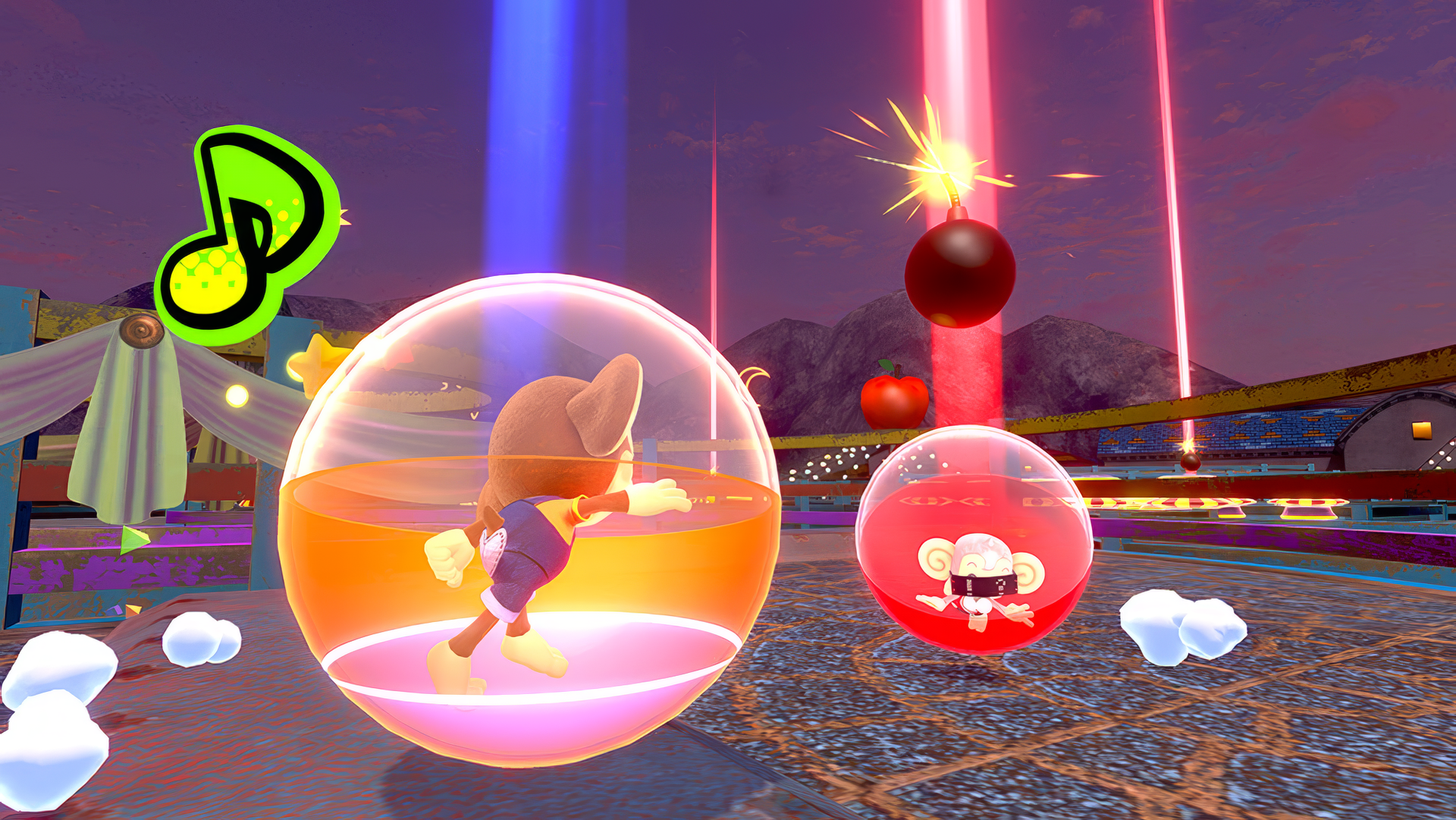 HD desktop wallpaper and background image of the video game Super Monkey Ball Banana Rumble, featuring two monkeys in balls navigating a vibrant and dynamic obstacle course with colorful laser beams.