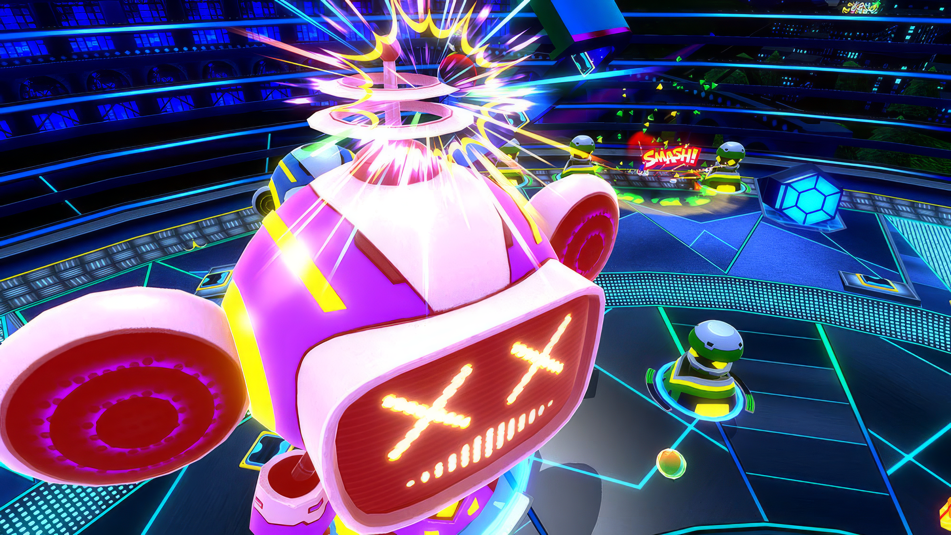 HD desktop wallpaper featuring a vibrant scene from the video game Super Monkey Ball Banana Rumble, showcasing an electrified robotic character with X-shaped eyes in a colorful, futuristic arena.