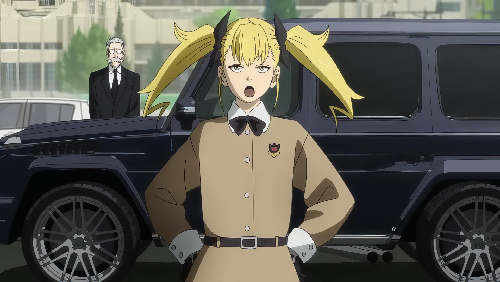 HD desktop wallpaper featuring Kikoru Shinomiya from the anime Kaiju No. 8, standing confidently in front of a black SUV with a serious expression.