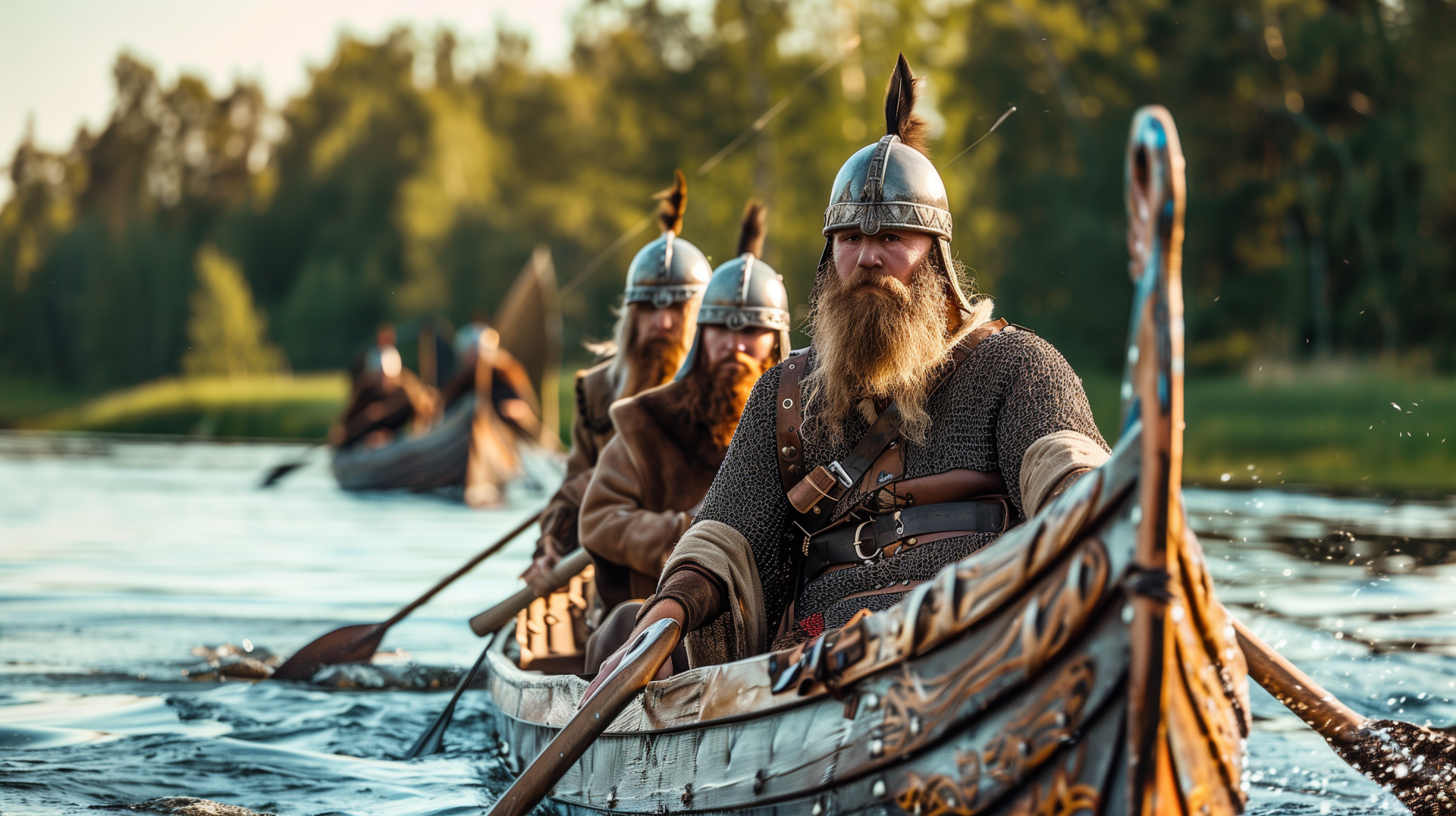 A HD desktop wallpaper featuring a medieval Viking boat with armored Vikings in helmets, rowing on a serene waterway surrounded by lush greenery.