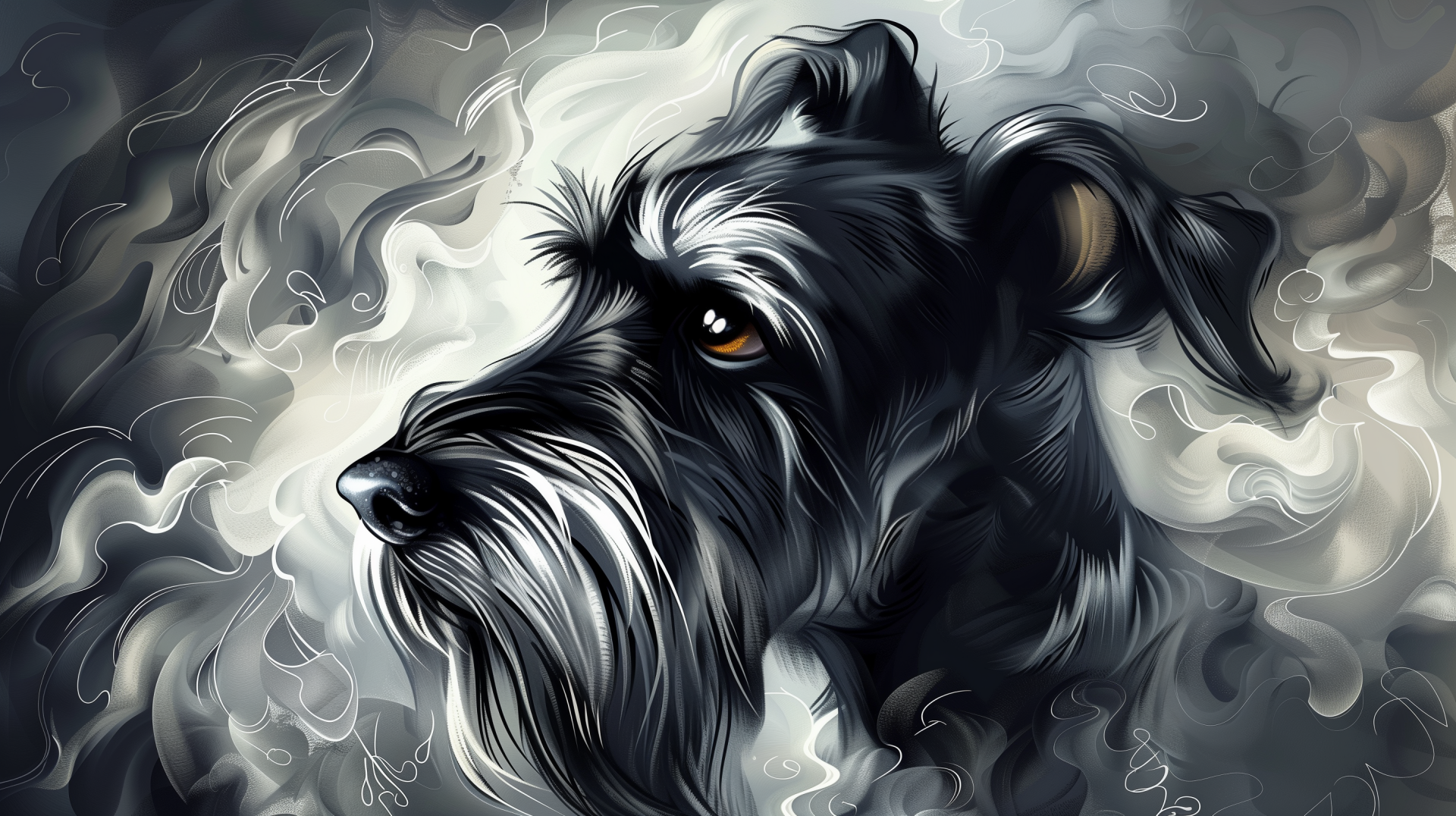 Artistic HD wallpaper featuring a schnauzer, capturing the dog's expressive face against a swirling, smoky background in shades of black and gray.