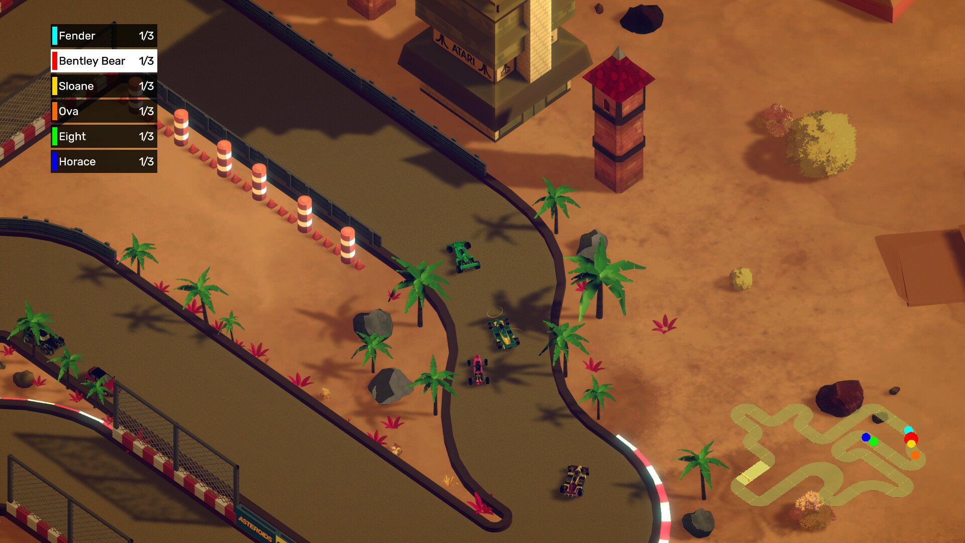 HD desktop wallpaper featuring a racing scene from the video game NeoSprint, with karts on a desert track surrounded by palm trees and barriers.