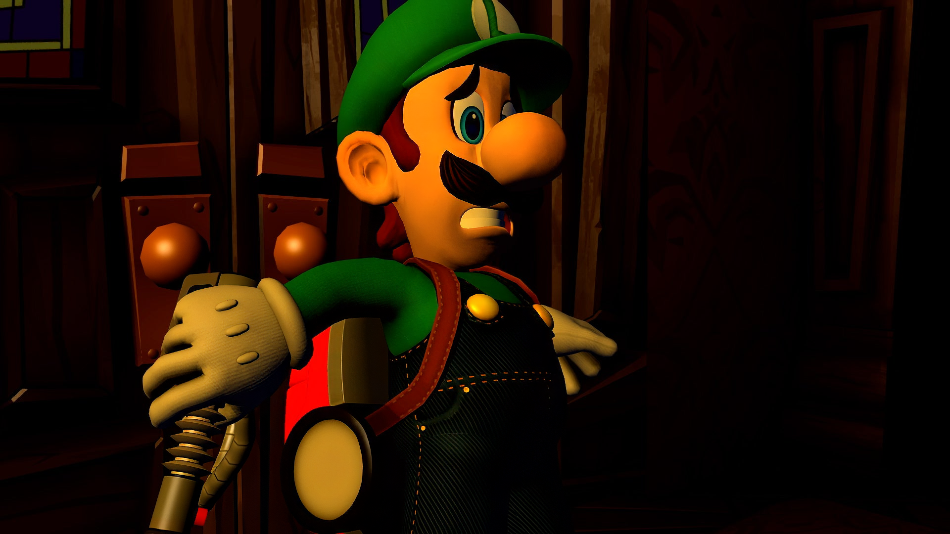 HD desktop wallpaper featuring Luigi from Luigi's Mansion 2, anxiously holding his Poltergust in a dark, eerie hallway.