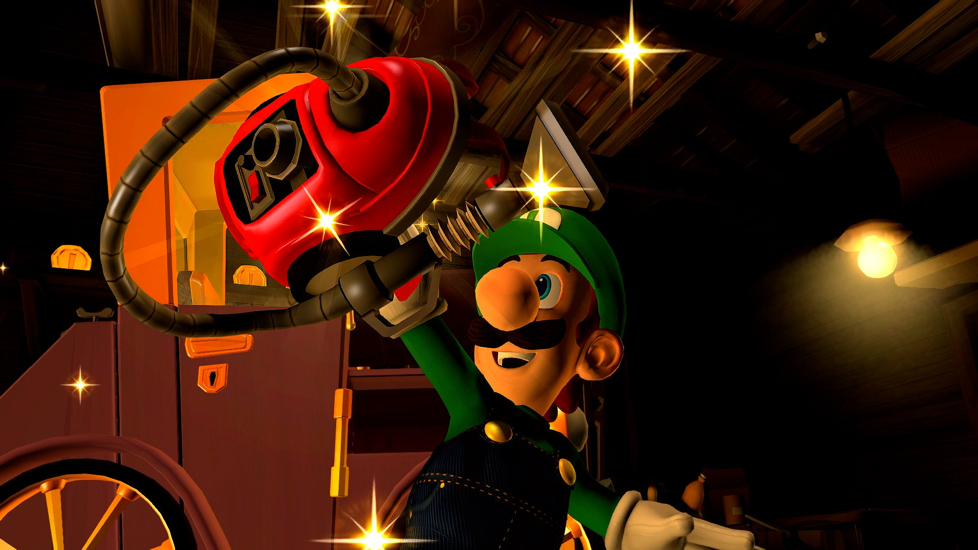 A HD desktop wallpaper and background featuring Luigi from Luigi's Mansion 2, holding a bright red vacuum cleaner amidst sparkling lights in a dimly lit room.