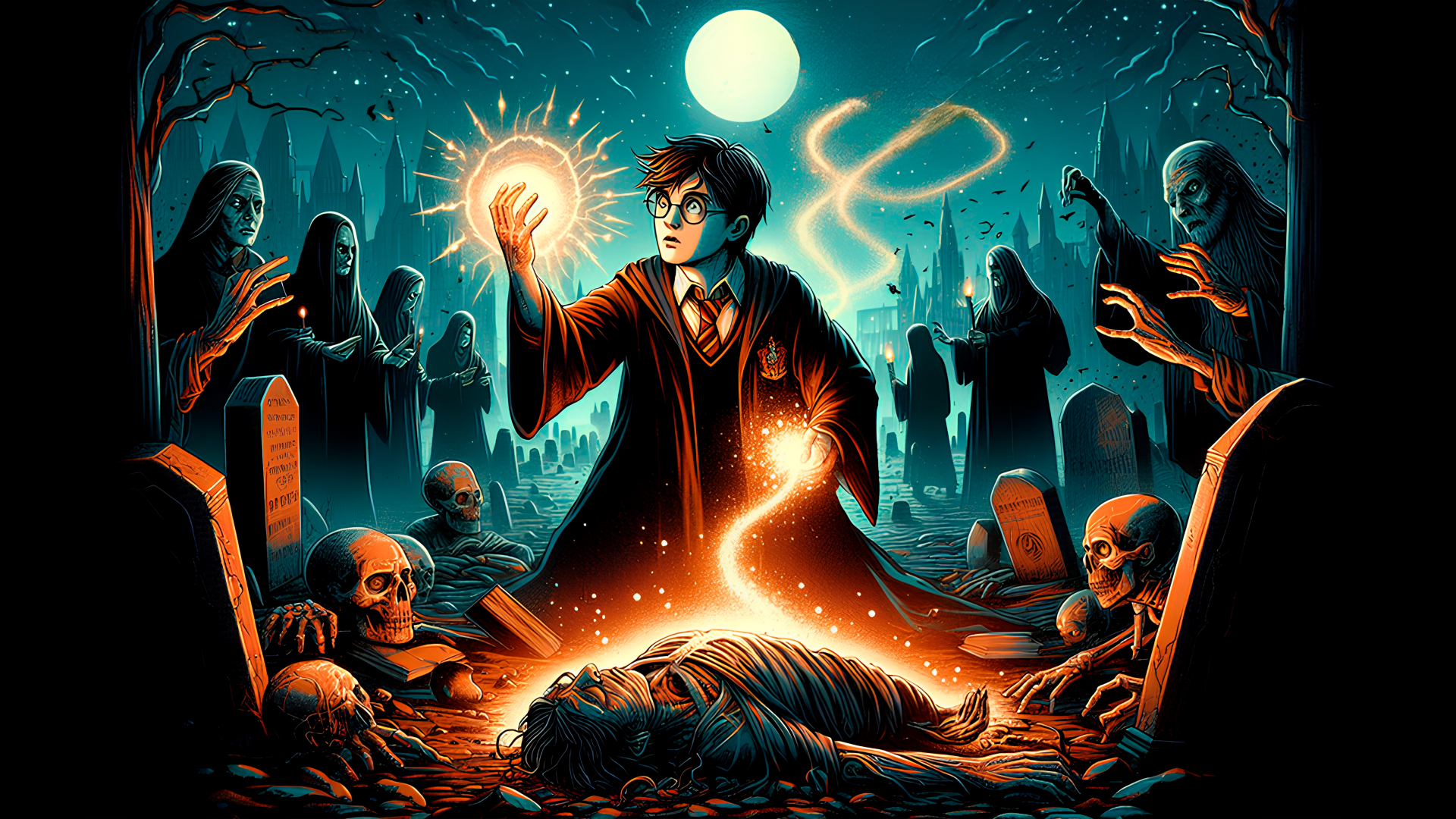 4K Ultra HD wallpaper of a Harry Potter-inspired wizard casting luminous magic to battle zombies in a dark, eerie graveyard under a full moon.