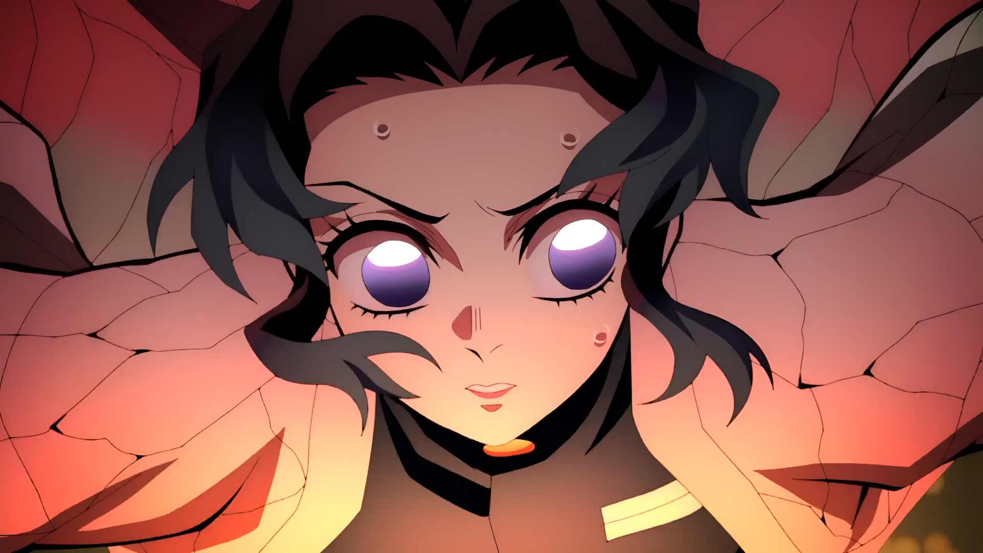 Anime-style 4K Ultra HD wallpaper featuring Shinobu Kochou from Demon Slayer: Kimetsu no Yaiba with glowing eyes and intense expression.