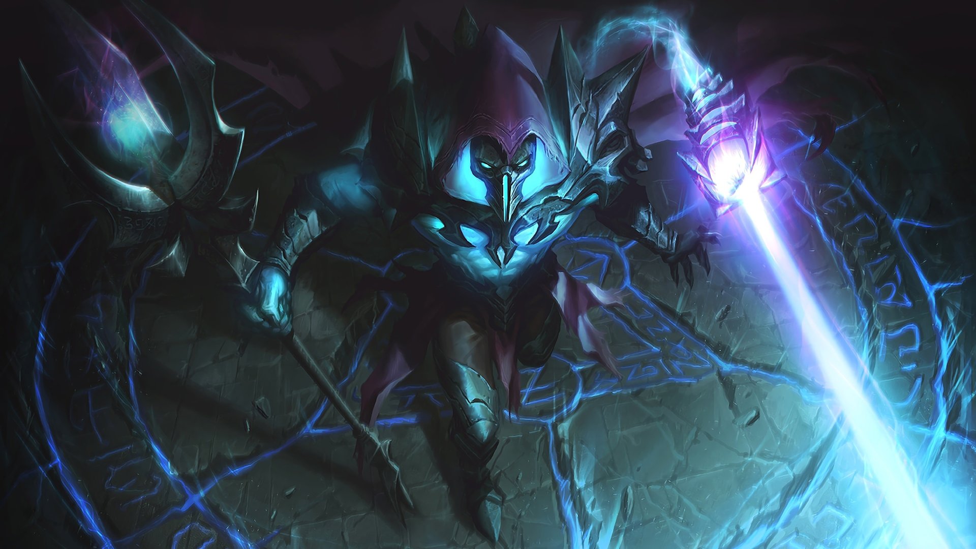 HD desktop wallpaper of Viktor from League of Legends, featuring the character in a powerful stance with his weapon glowing and an intricate, arcane background.