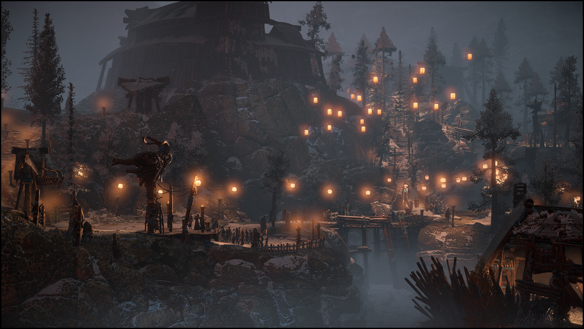 HD PC desktop wallpaper from the video game Horizon Zero Dawn showing a nighttime village scene illuminated by numerous glowing lanterns.