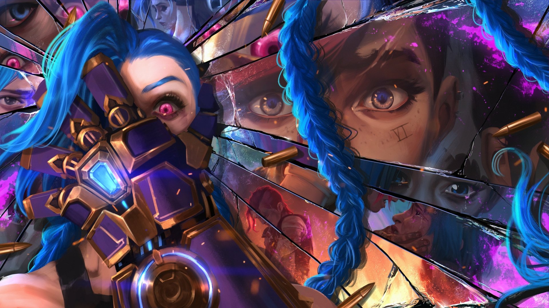 HD desktop wallpaper featuring Jinx from Arcane Season 2, with vibrant blue hair and a mechanical gauntlet, set against a fractured mirror background showcasing various expressions of Jinx's face.