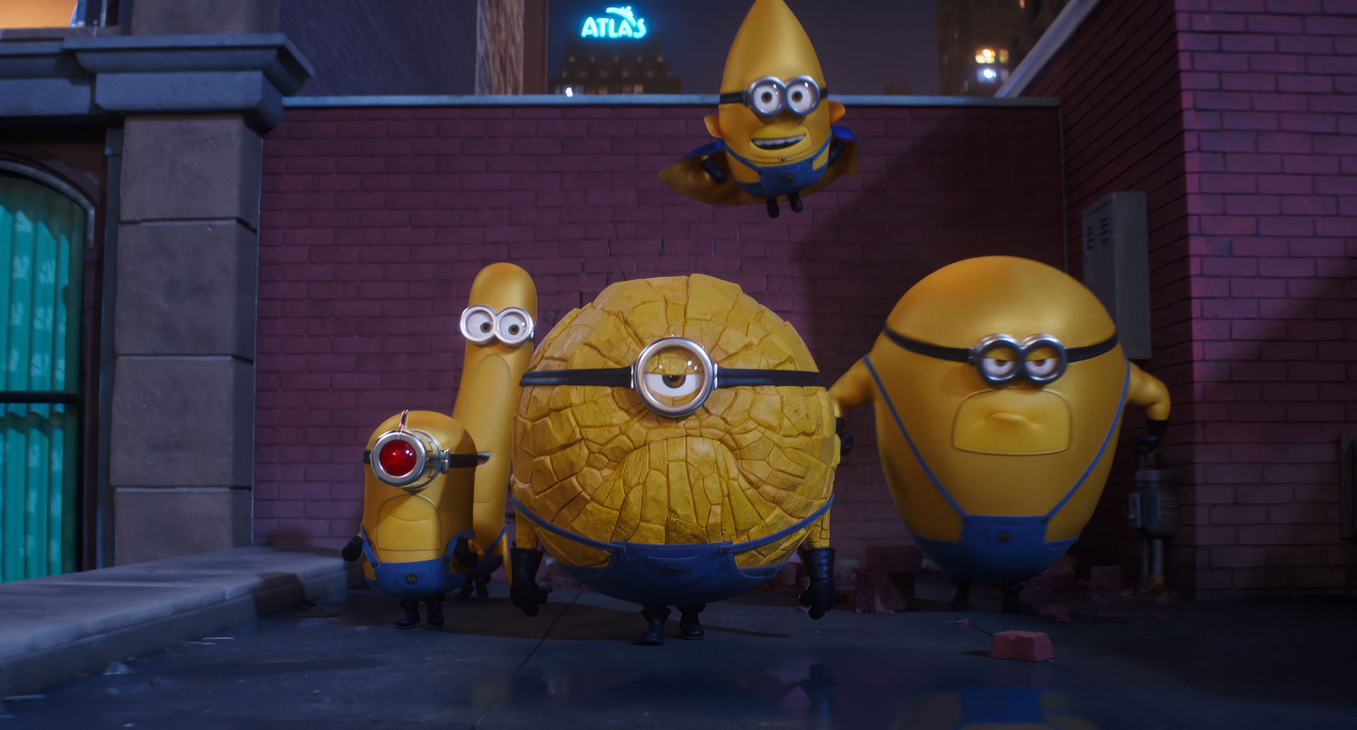 HD desktop wallpaper of characters from Despicable Me 4, featuring minions in a city alley at night.