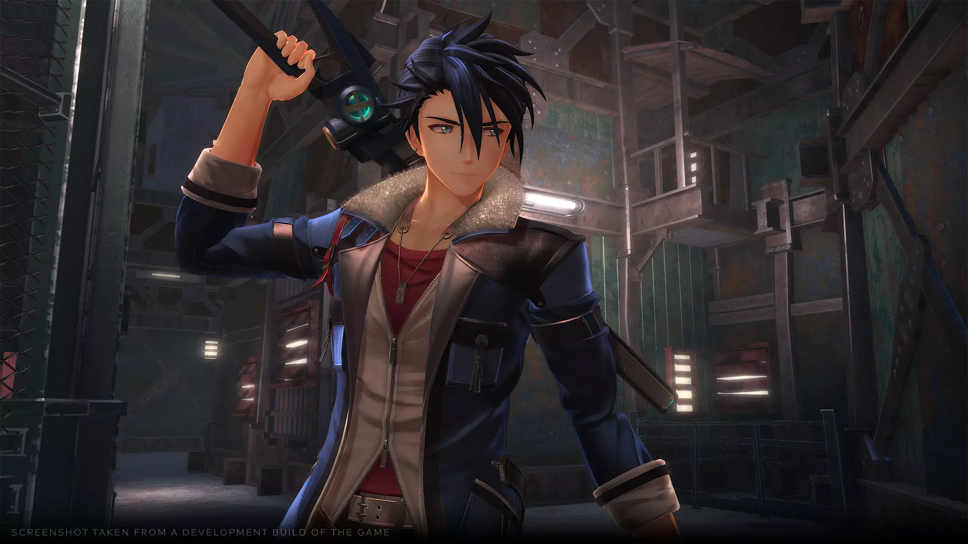 HD desktop wallpaper from The Legend of Heroes: Trails through Daybreak video game, featuring a character in a dark industrial environment holding a weapon on their shoulder confidently.