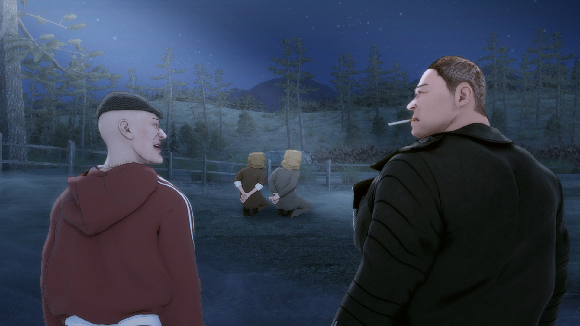 HD desktop wallpaper featuring characters from the TV show Psi Cops, set in a dark, forested background with two primary figures in the foreground and two others bound in the distance.