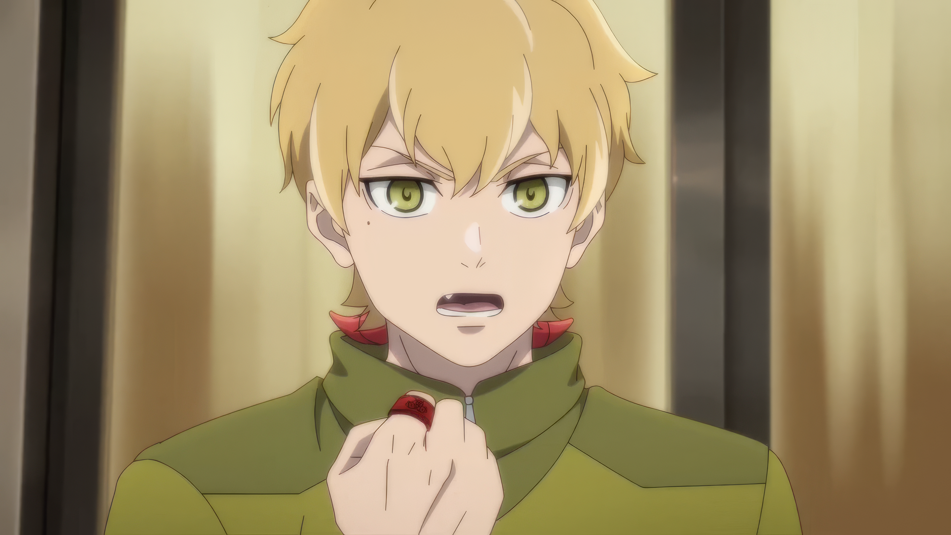 HD desktop wallpaper of Ja Wangnan, a character from the anime Tower of God. It depicts Ja Wangnan with a determined expression, holding a red item in his hand against a blurred background.