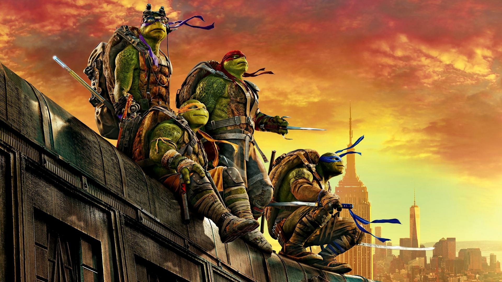 HD PC desktop wallpaper: Teenage Mutant Ninja Turtles: Out Of The Shadows — Leonardo, Donatello and Raphael perched on a rooftop at sunset, city skyline glowing behind them.