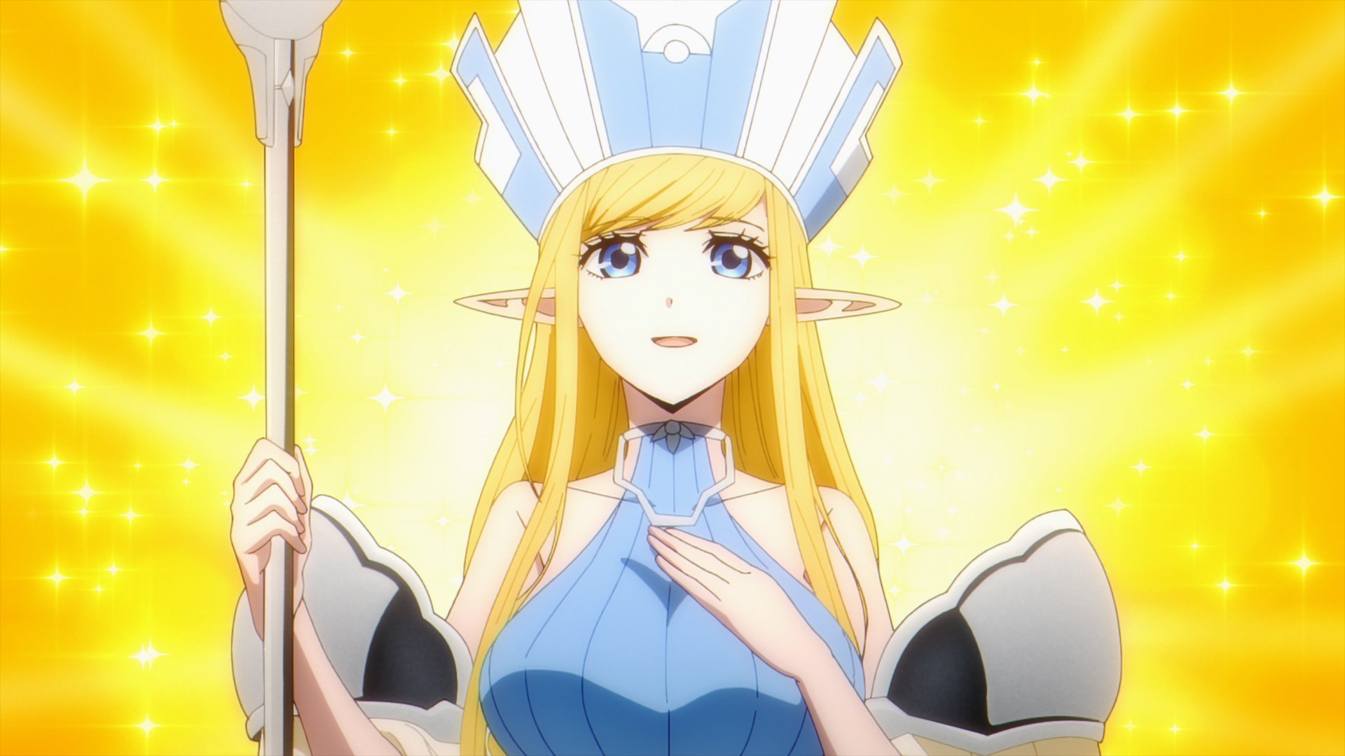 A beautiful HD desktop wallpaper featuring an anime character from No Longer Allowed in Another World. The character is dressed in light blue and white with a serene expression, set against a radiant yellow background.