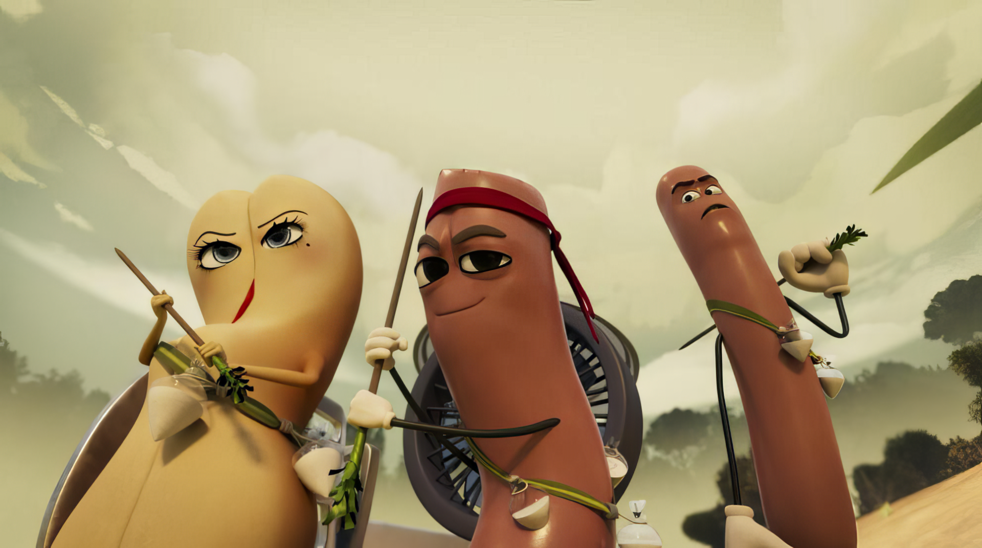 HD desktop wallpaper of Sausage Party: Foodtopia, featuring animated food characters in a dramatic stance against a cloudy sky background.