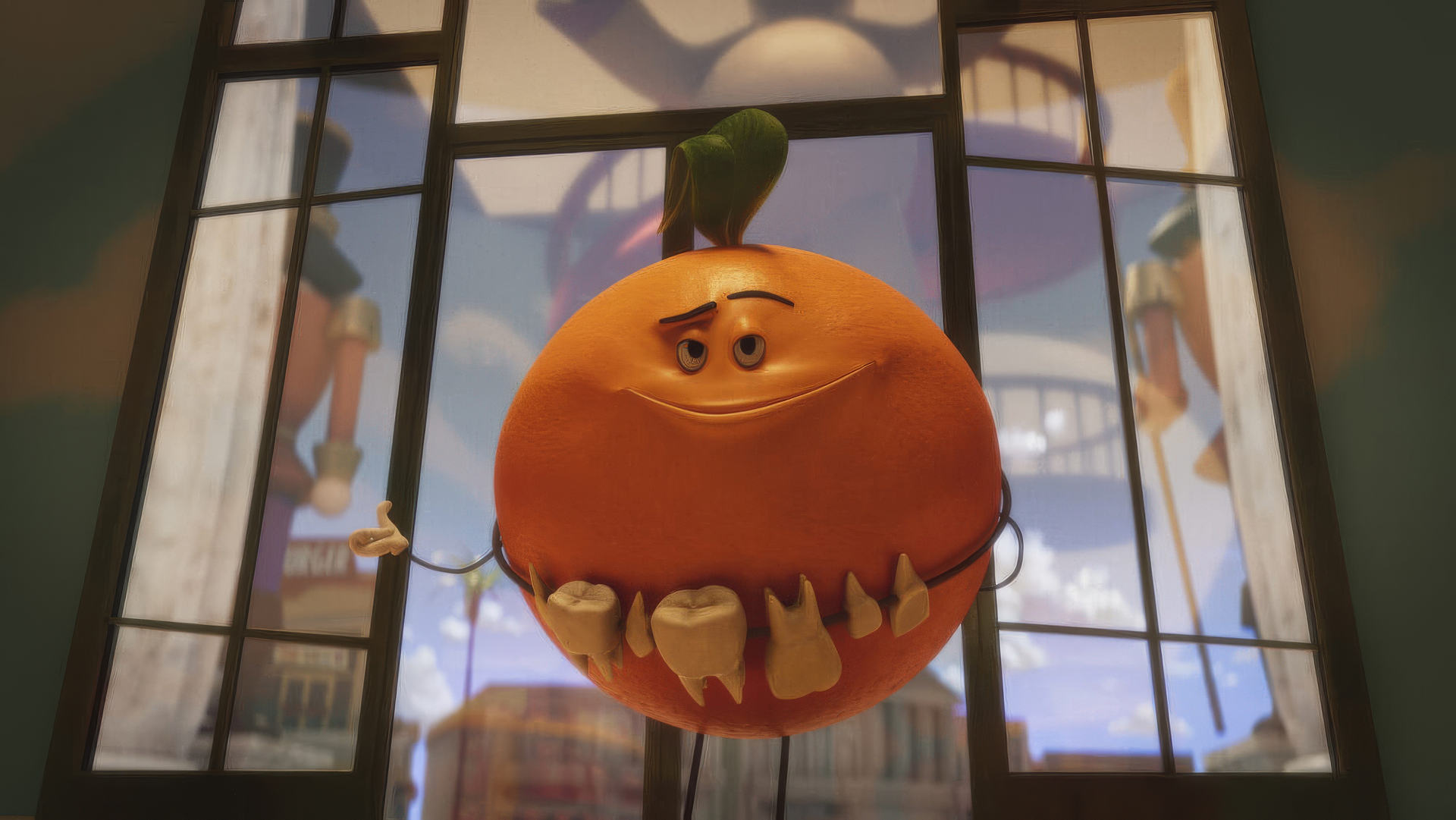HD desktop wallpaper featuring a character from the TV show Sausage Party: Foodtopia. The character is an anthropomorphic orange, smiling in front of large windows with a dreamy background.