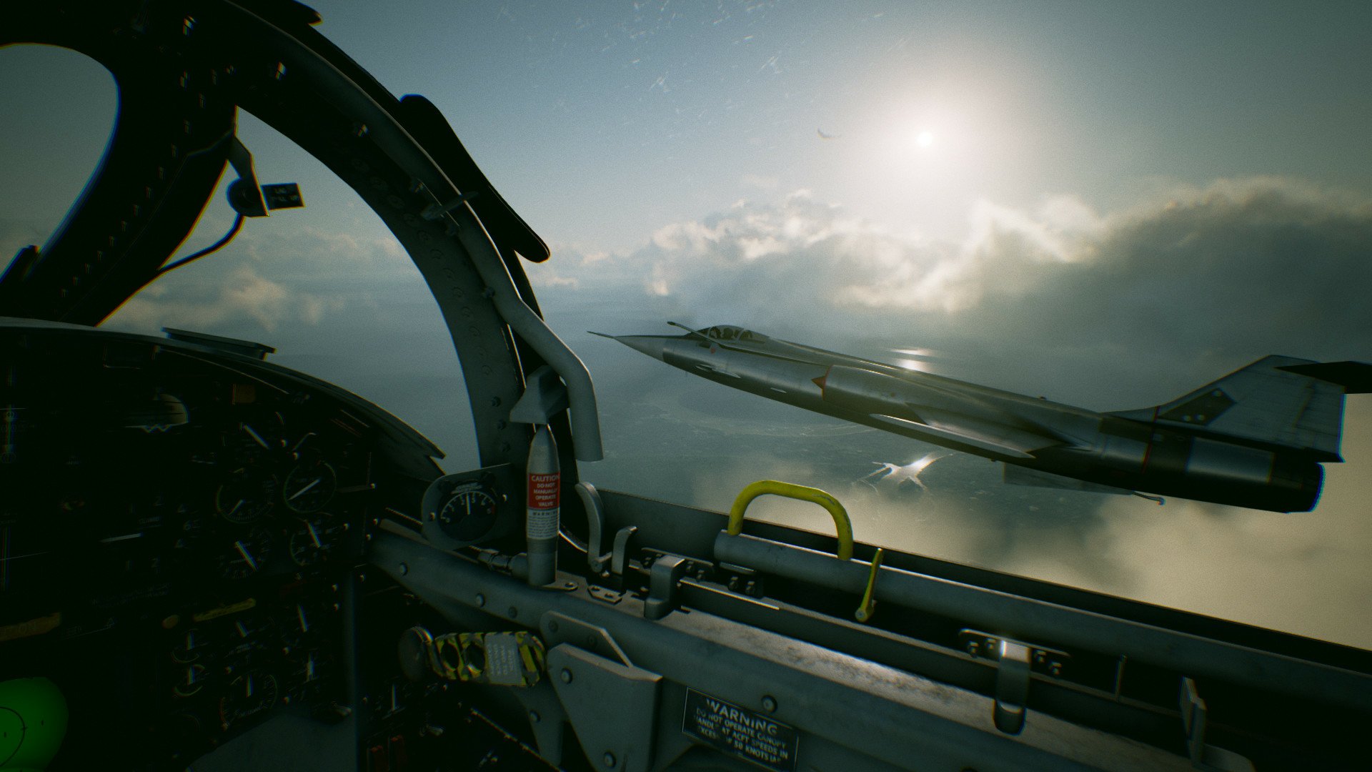 A HD desktop wallpaper from Ace Combat 7: Skies Unknown, showcasing a stunning aerial view with a fighter jet in flight, observed from another plane's cockpit, under a sunlit sky with scattered clouds.