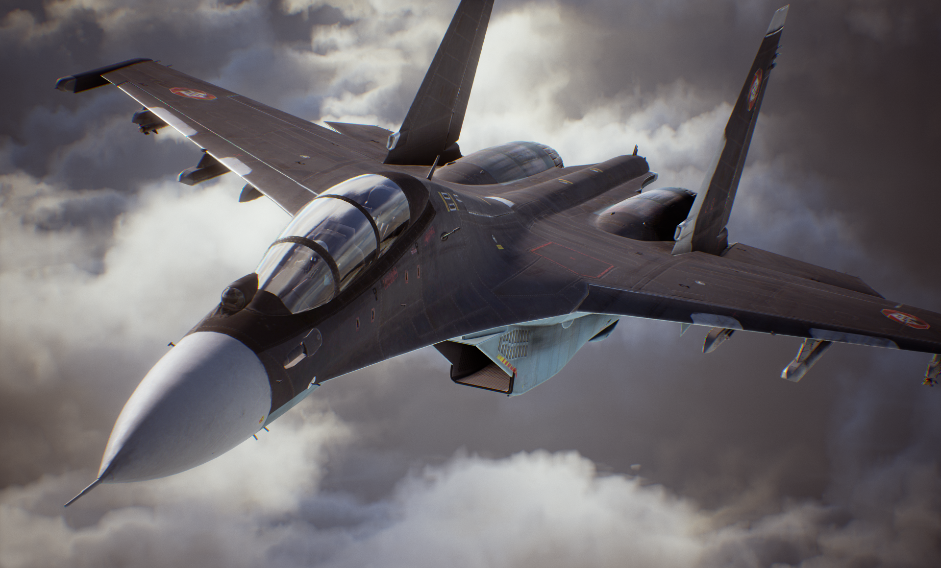 A high-definition desktop wallpaper featuring a fighter jet from the video game Ace Combat 7: Skies Unknown soaring through a cloudy sky.