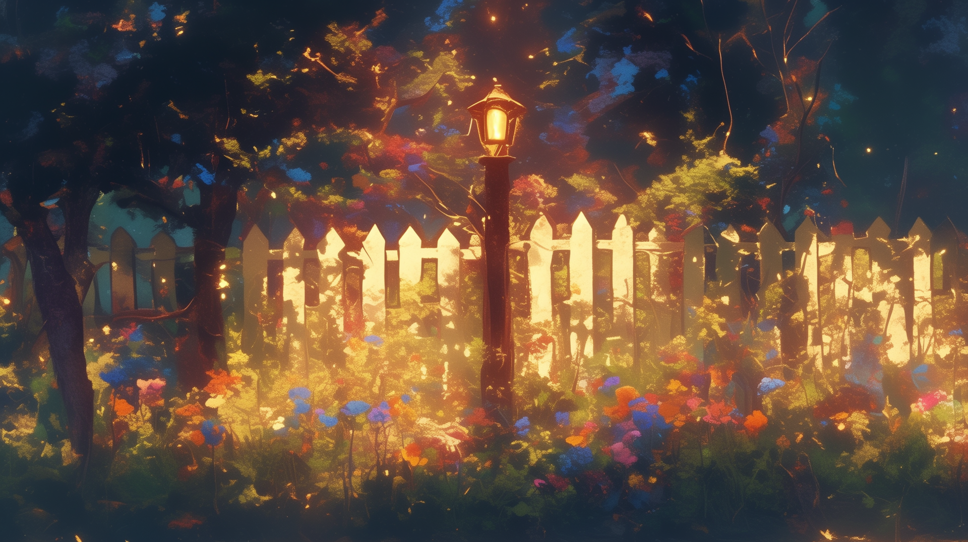 HD desktop wallpaper featuring a charming garden fence illuminated by a glowing lantern, surrounded by colorful flowers and lush foliage.