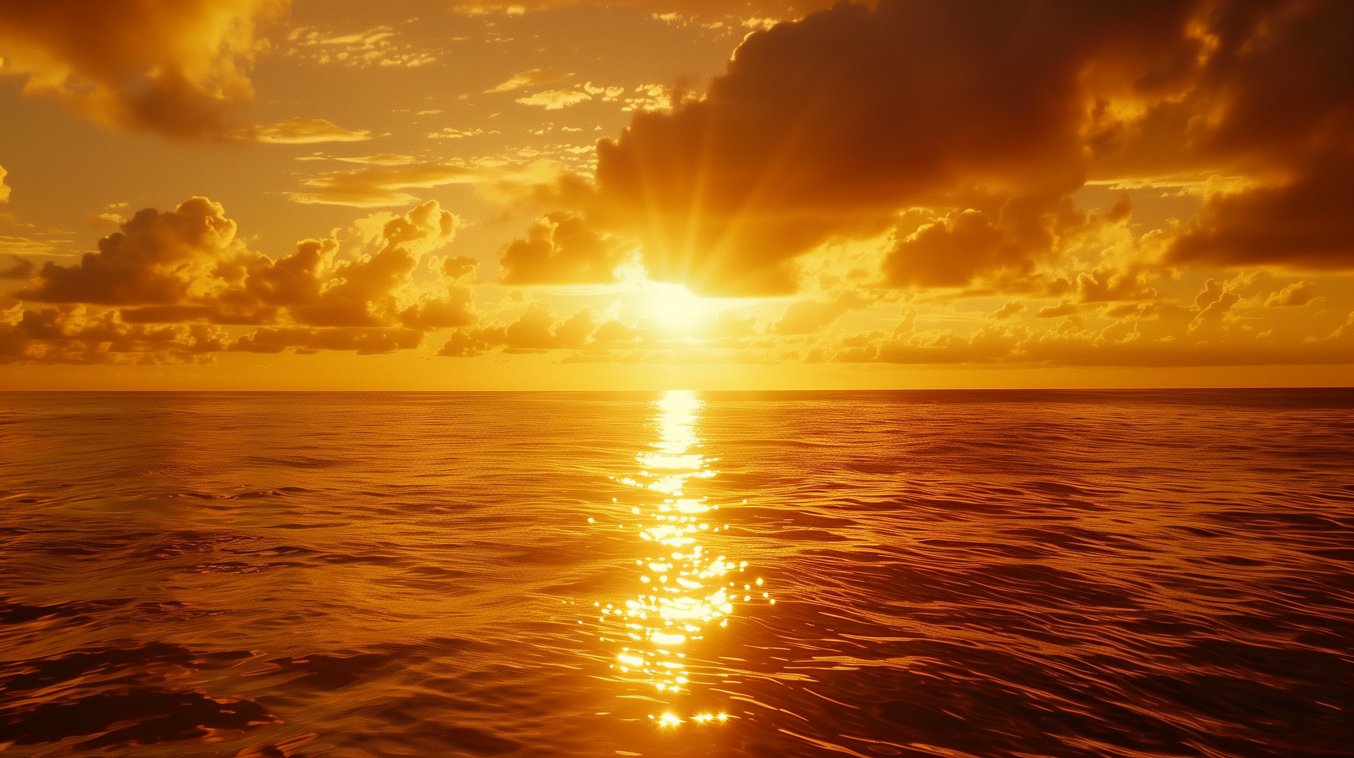 HD desktop wallpaper of a serene ocean sunset, with golden sunlight reflecting off the water and dramatic clouds in the sky.