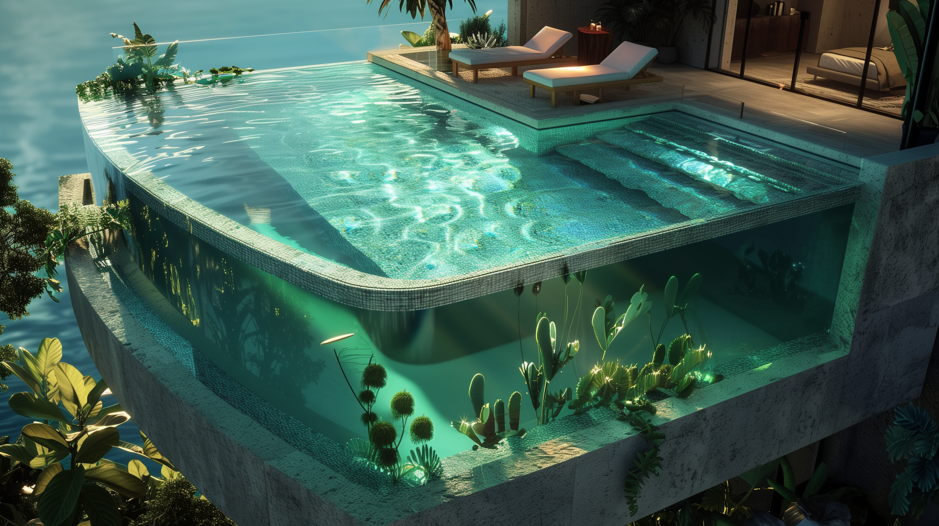 A luxurious infinity pool with crystal-clear water and surrounding lush greenery, featured in a high-definition wallpaper background.