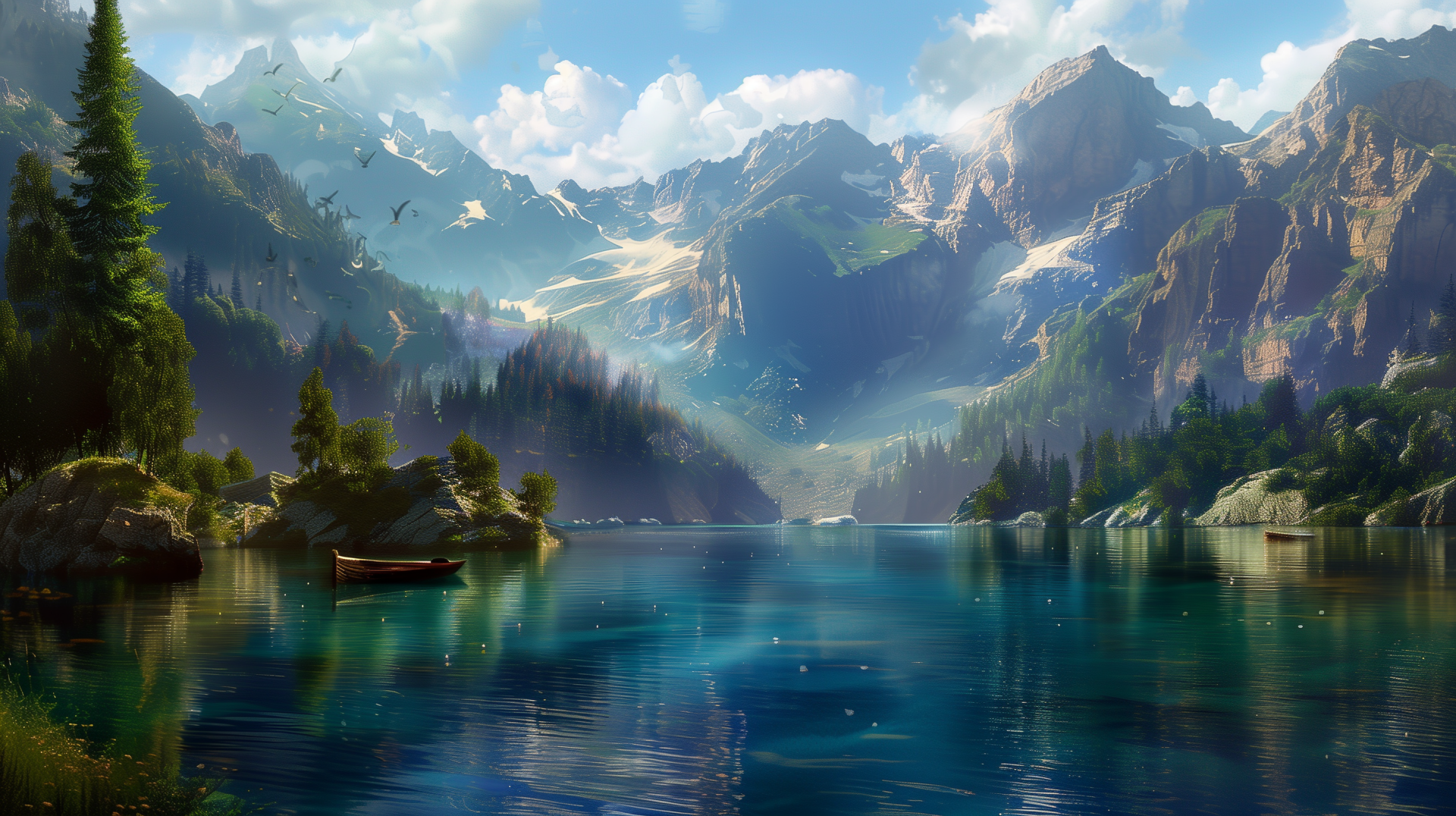 HD desktop wallpaper of a serene lake surrounded by majestic mountains and lush greenery, capturing the beauty of nature in a breathtaking landscape.