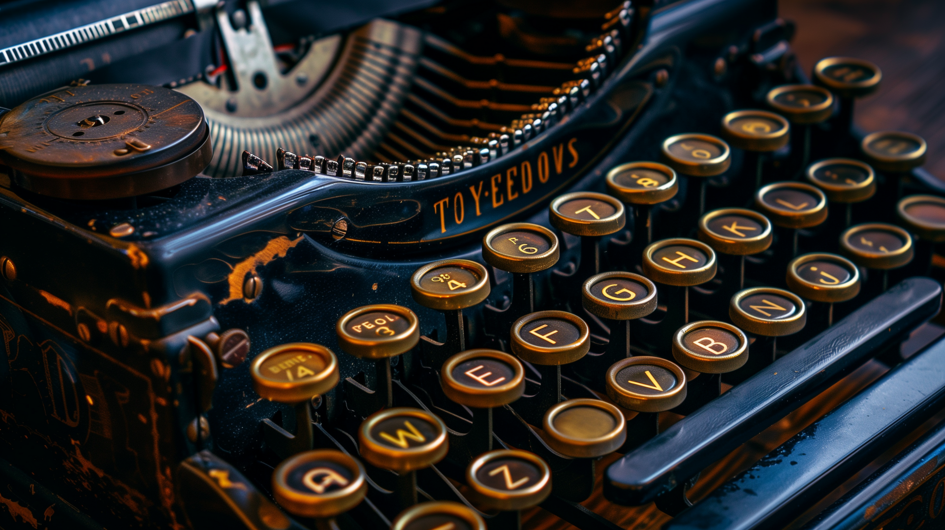 HD desktop wallpaper of a vintage typewriter, showcasing detailed, close-up keys with a beautifully worn, nostalgic appearance.