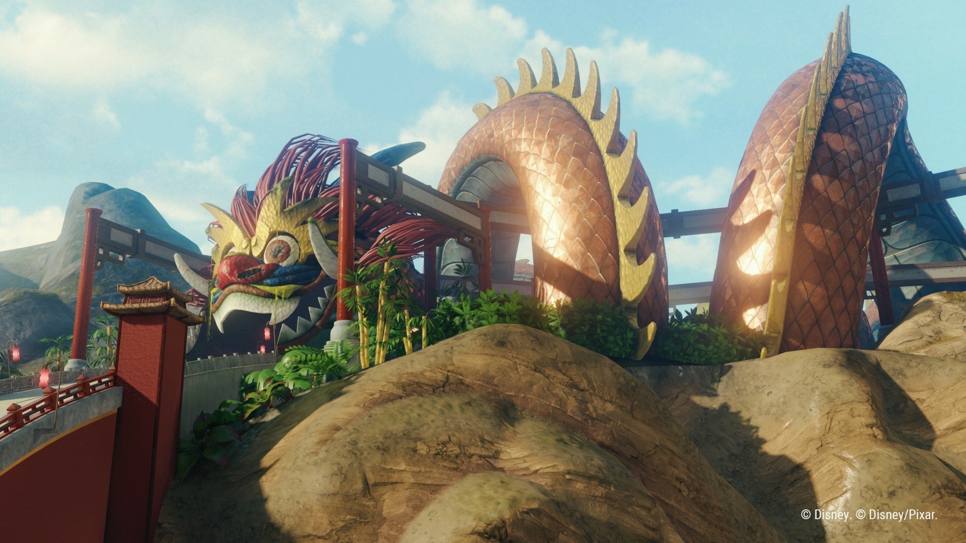 HD desktop wallpaper of Disney Speedstorm video game, featuring a detailed, giant golden dragon structure in an outdoor setting against a blue sky.