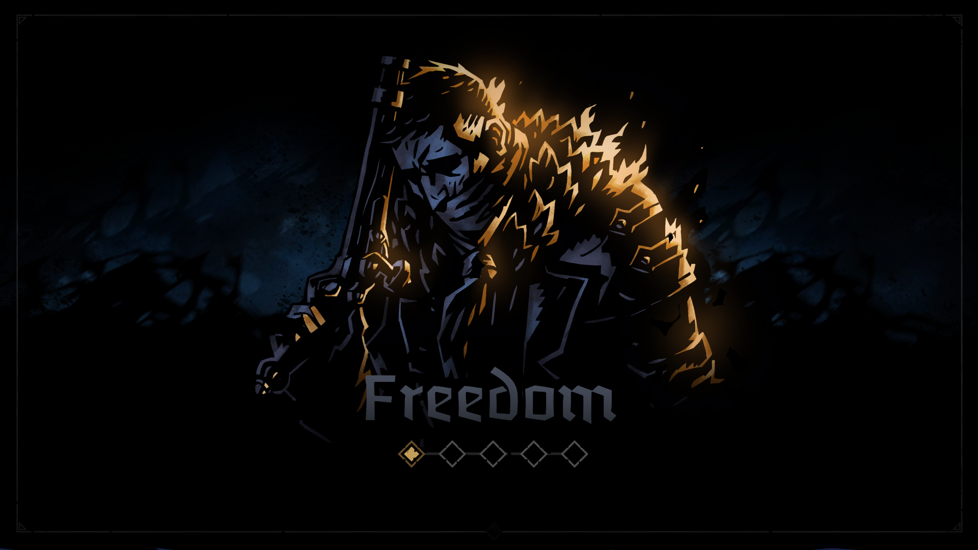 A HD desktop wallpaper and background featuring a character from Darkest Dungeon II with the word Freedom and a dark, ominous backdrop.
