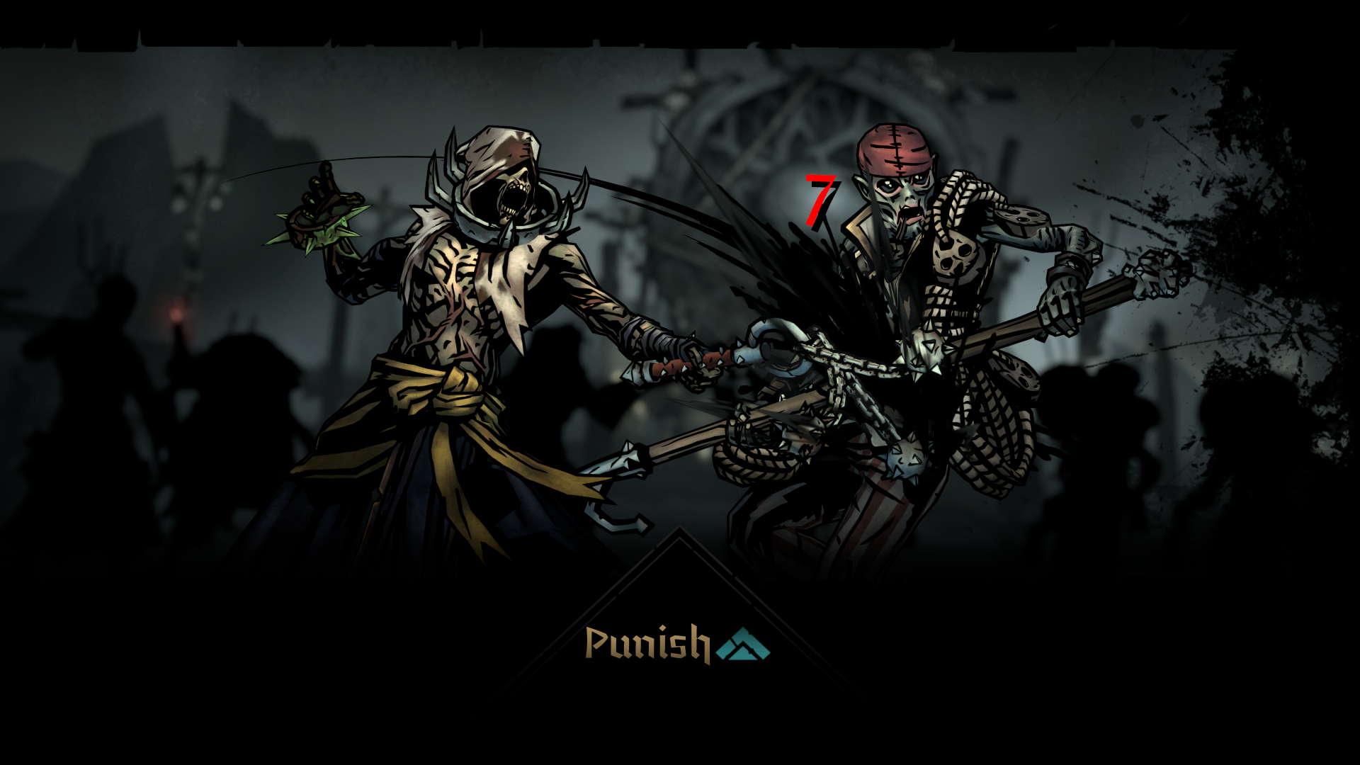 HD desktop wallpaper and background featuring a battle scene from the video game Darkest Dungeon II, showcasing two characters engaged in a dark, ominous fight with the word Punish displayed below.