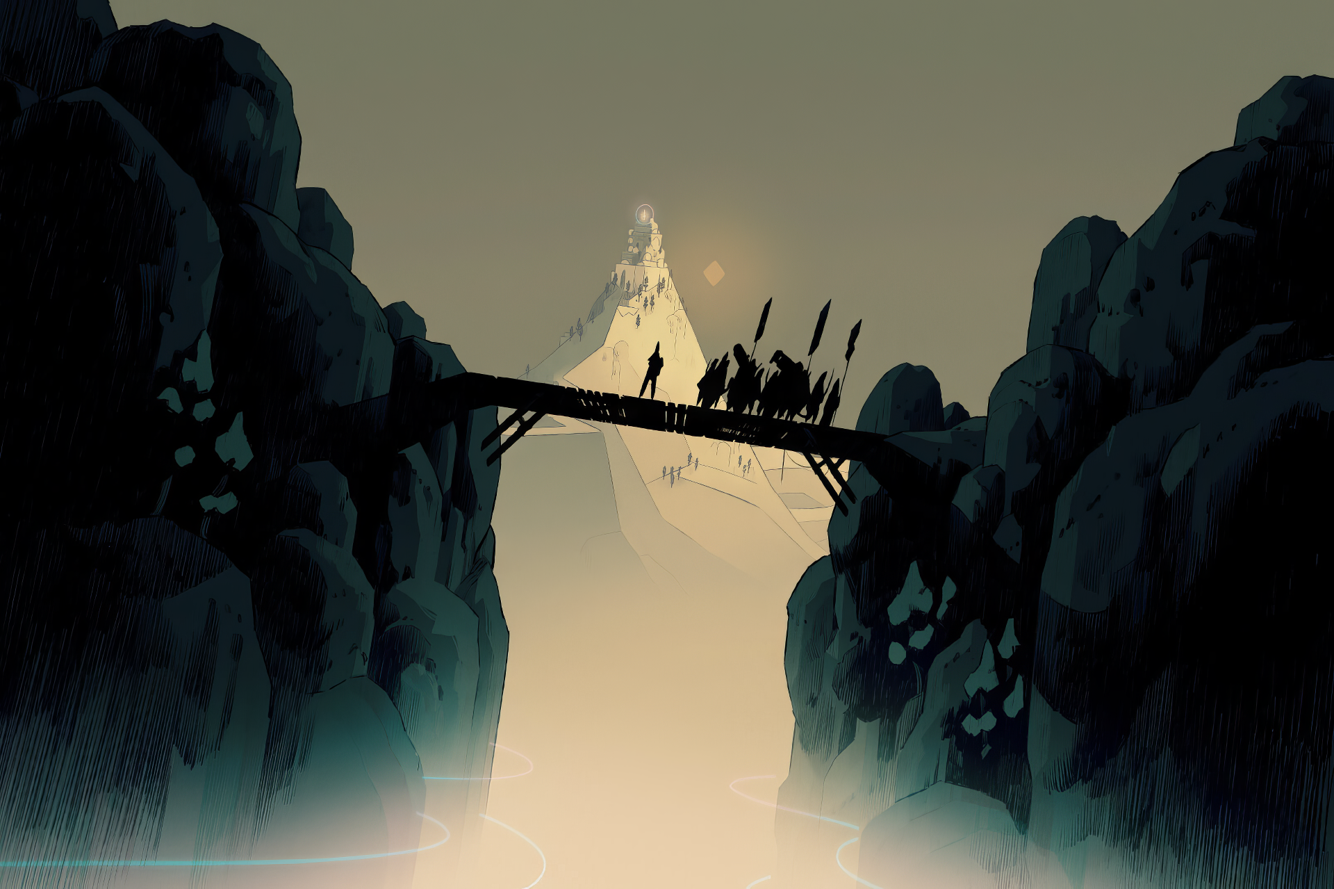 HD desktop wallpaper of the video game Cataclismo featuring a dramatic scene of a character leading a group across a bridge with a distant mountain in the background.