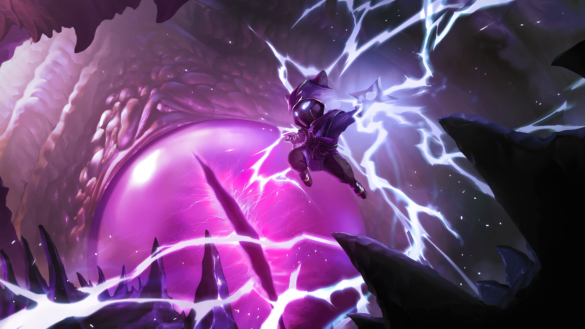 HD desktop wallpaper featuring Kennen from League of Legends, appearing against a vibrant, electrifying backdrop with a glowing, massive eye.
