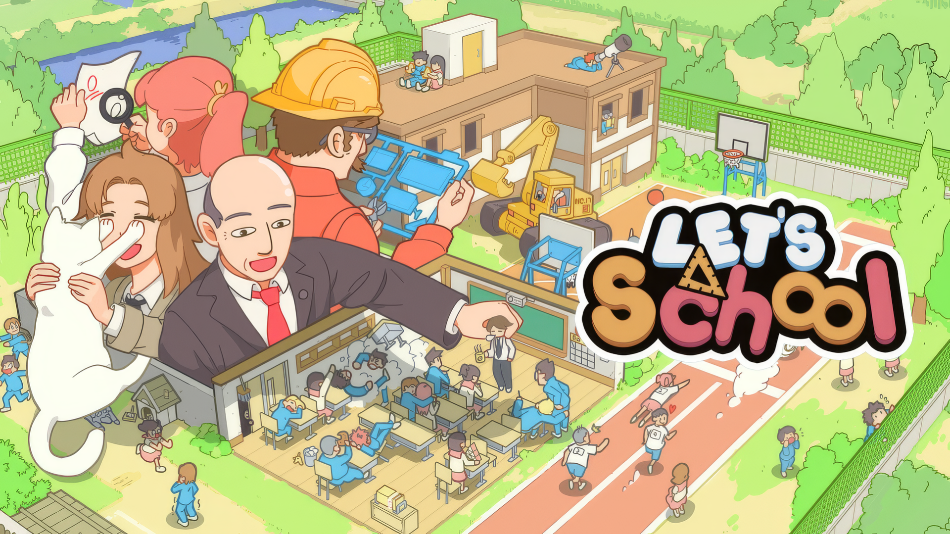 HD desktop wallpaper featuring an illustration from the video game Let's School, depicting various characters and school activities with classrooms, playgrounds, and school buildings in a vibrant, animated style.