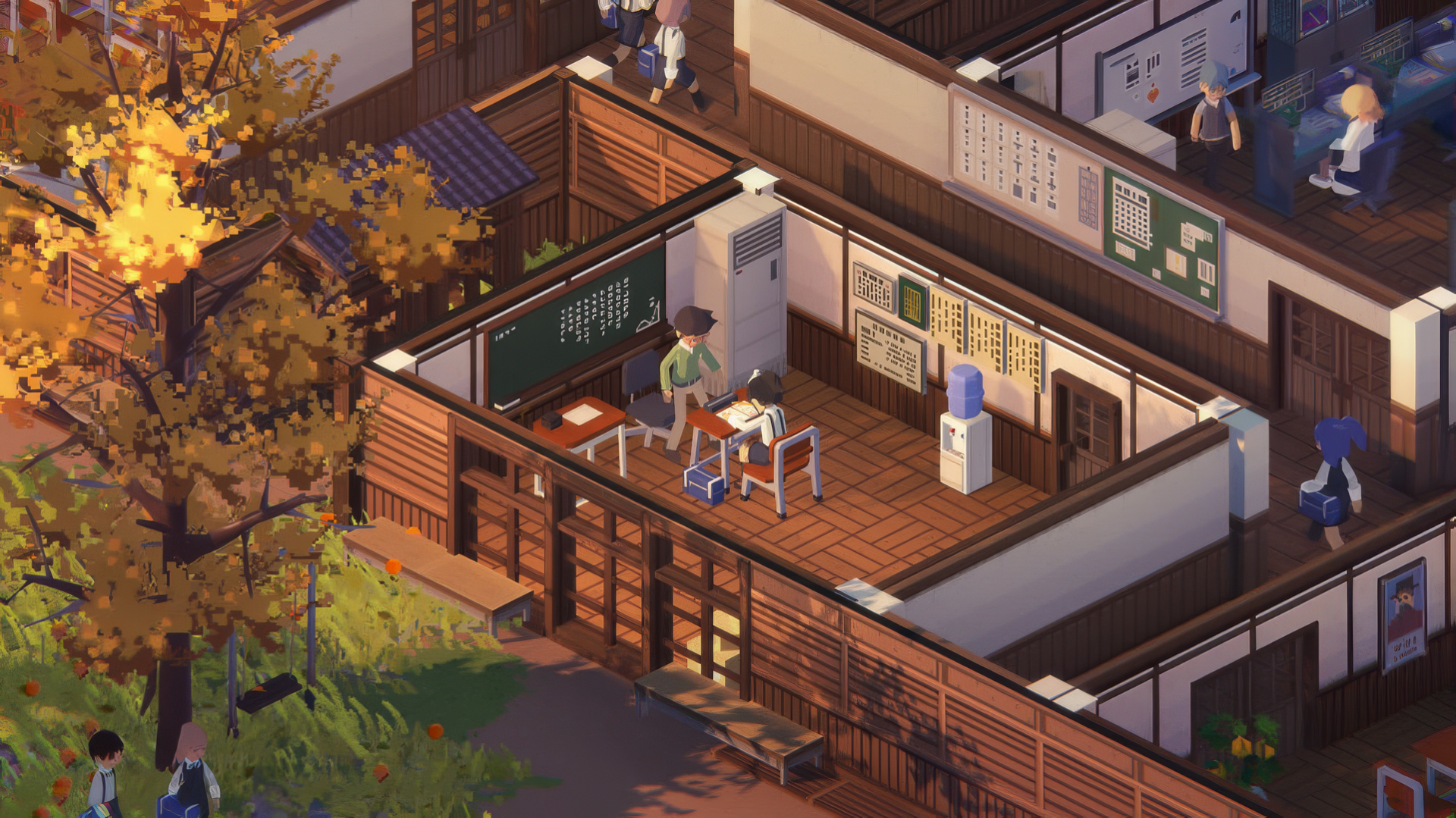 HD desktop wallpaper for the video game Let's School, featuring an intricately detailed classroom scene with a teacher and students.