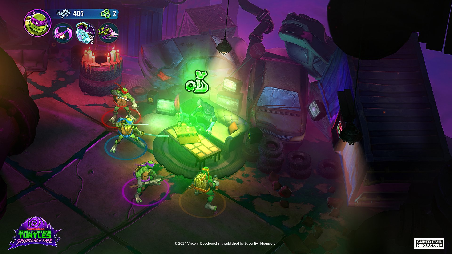 HD desktop wallpaper featuring characters from the video game Teenage Mutant Ninja Turtles: Splintered Fate. The scene depicts the turtles strategizing in a vibrant, colorful setting.