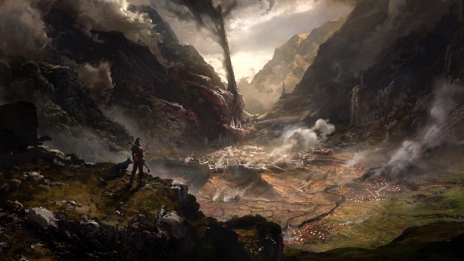 HD desktop wallpaper of Flintlock: The Siege of Dawn video game, featuring a dramatic mountainous landscape with a valley, swirling clouds, and a lone figure overlooking a battlefield.
