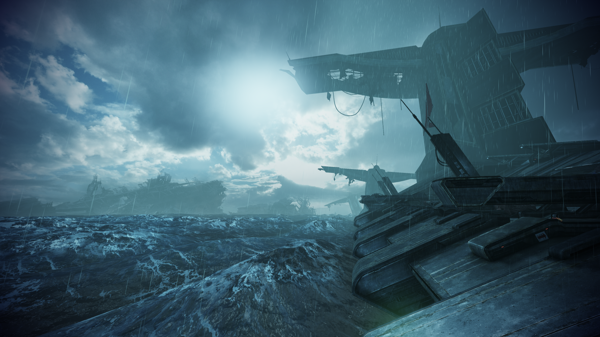 HD desktop wallpaper featuring a dramatic scene from the video game Mass Effect 3, showcasing a stormy ocean with a massive, wrecked structure in the background.