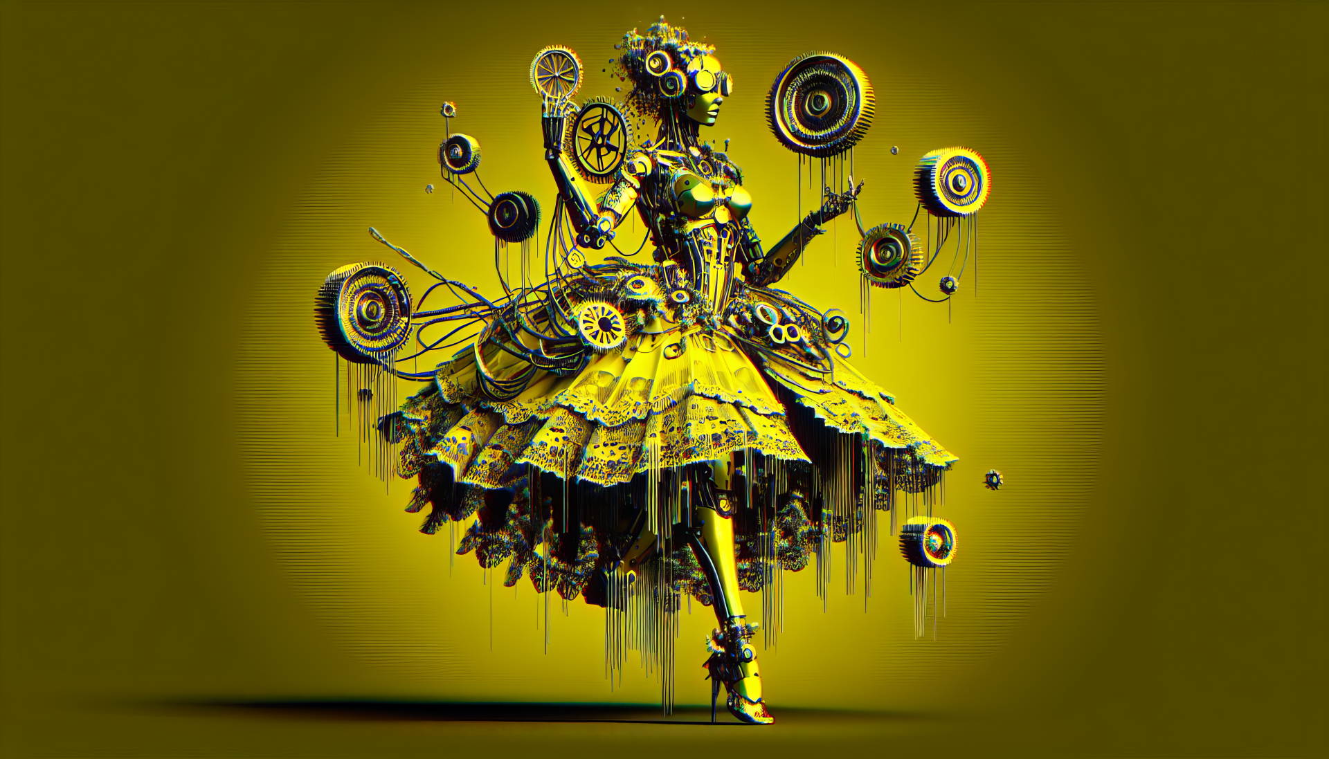 HD desktop wallpaper featuring a vibrant, cybernetic figure adorned with intricate, futuristic elements against a contrasting yellow background.