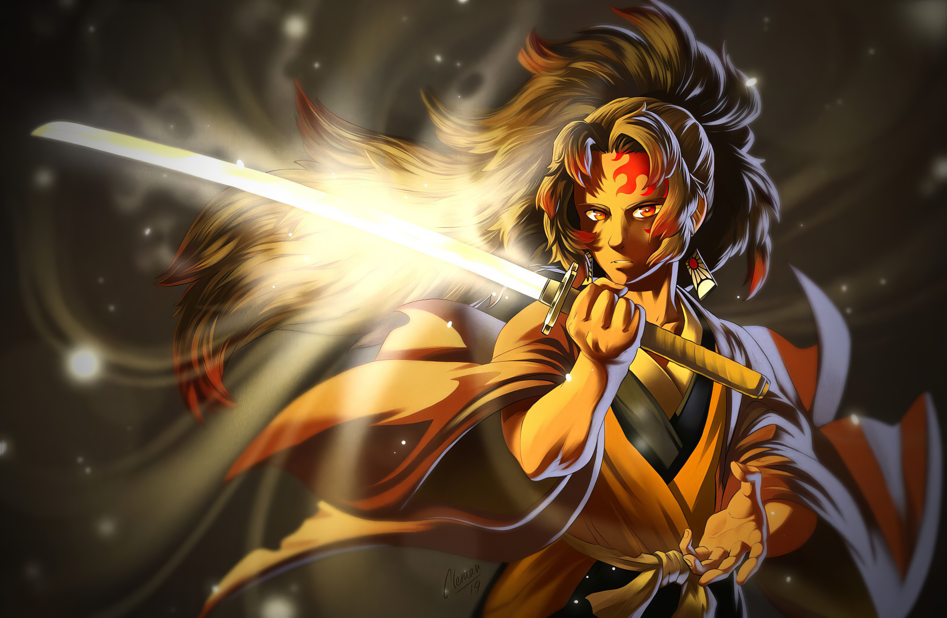 HD desktop wallpaper of Yoriichi Tsugikuni from Demon Slayer: Kimetsu no Yaiba, featuring him wielding a glowing sword with an intense expression against a dark, mystical background.