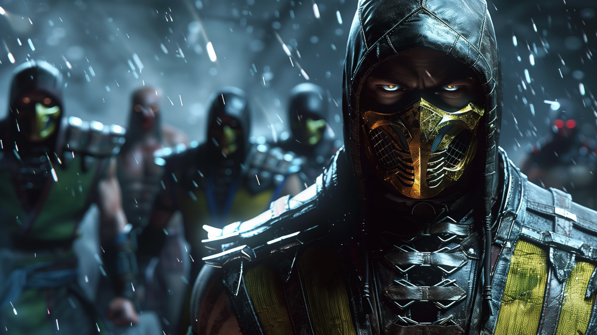 HD desktop wallpaper featuring the serious character Scorpion from Mortal Kombat, standing prominently in front of a group of similar fighters in a dark, dynamic, and intense setting.