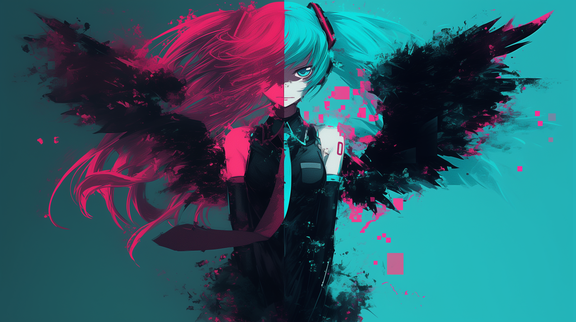 HD anime desktop wallpaper featuring Hatsune Miku with a striking half-pink, half-blue color theme, contrasting black wings, and a digital glitch effect.