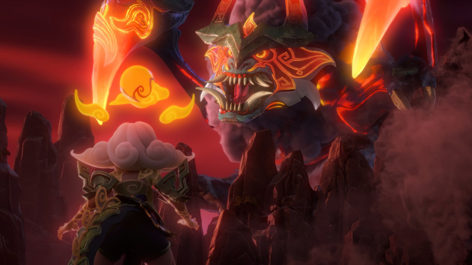 HD wallpaper featuring Cho'gath from League of Legends, depicted in an epic showdown against another character, amidst a fiery, otherworldly landscape.