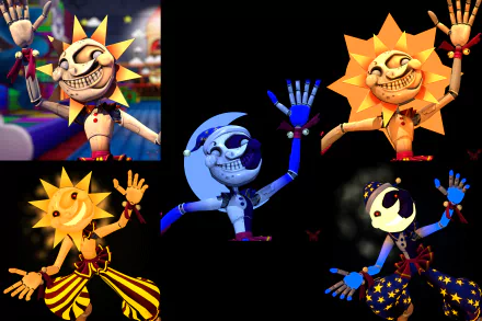 8K Ultra HD wallpaper featuring Sunman and Moonman characters from Five Nights at Freddy's: Security Breach in vibrant, detailed video game art style.