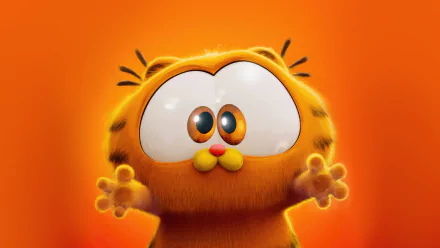 HD desktop wallpaper featuring an animated Garfield character from The Garfield Movie with a surprised expression on an orange background.